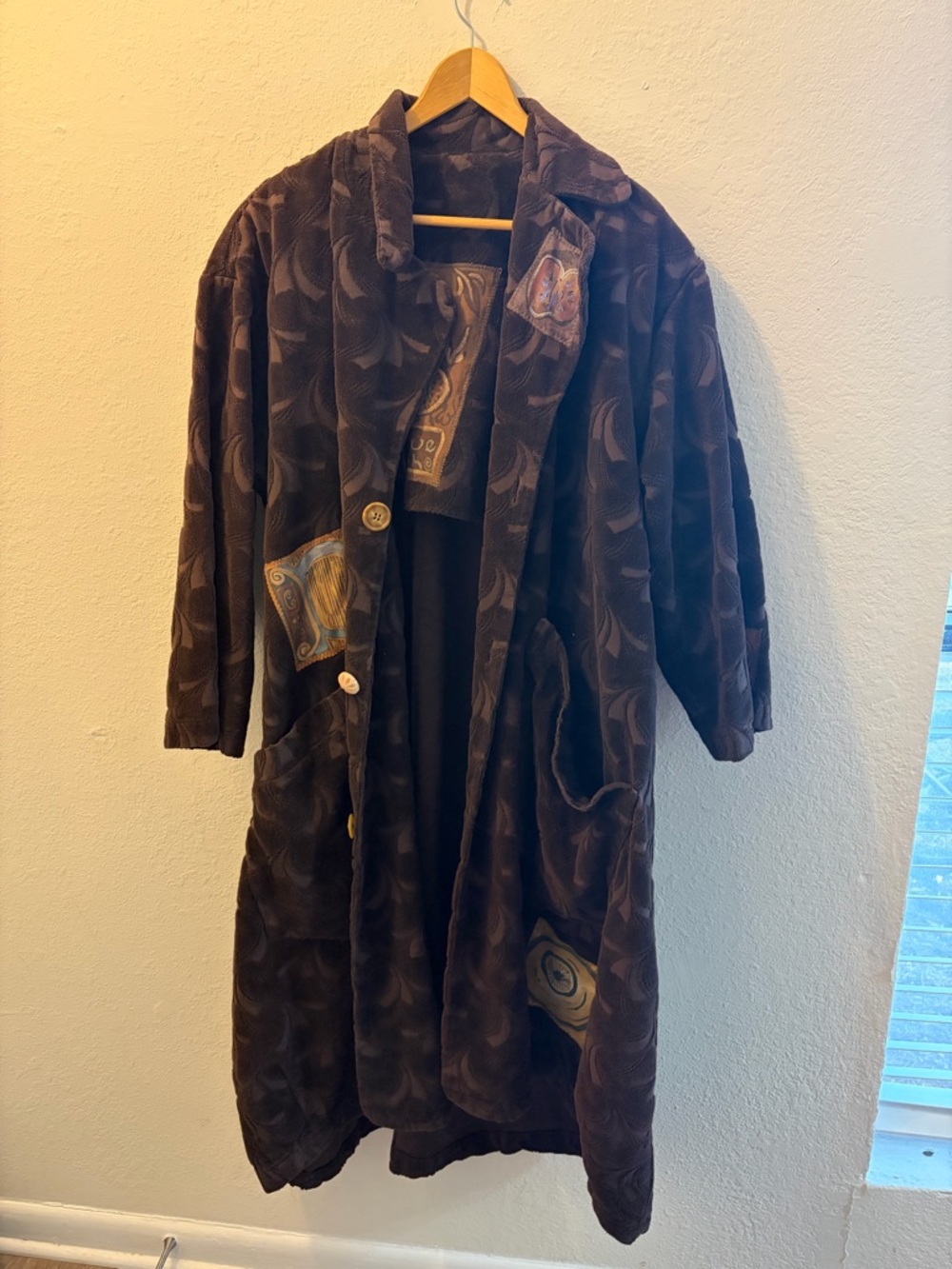 Wms VTG Blue Fish 94Patched Wool Falling Snow Coat Floral Vase Plum Wine Sz 0/S